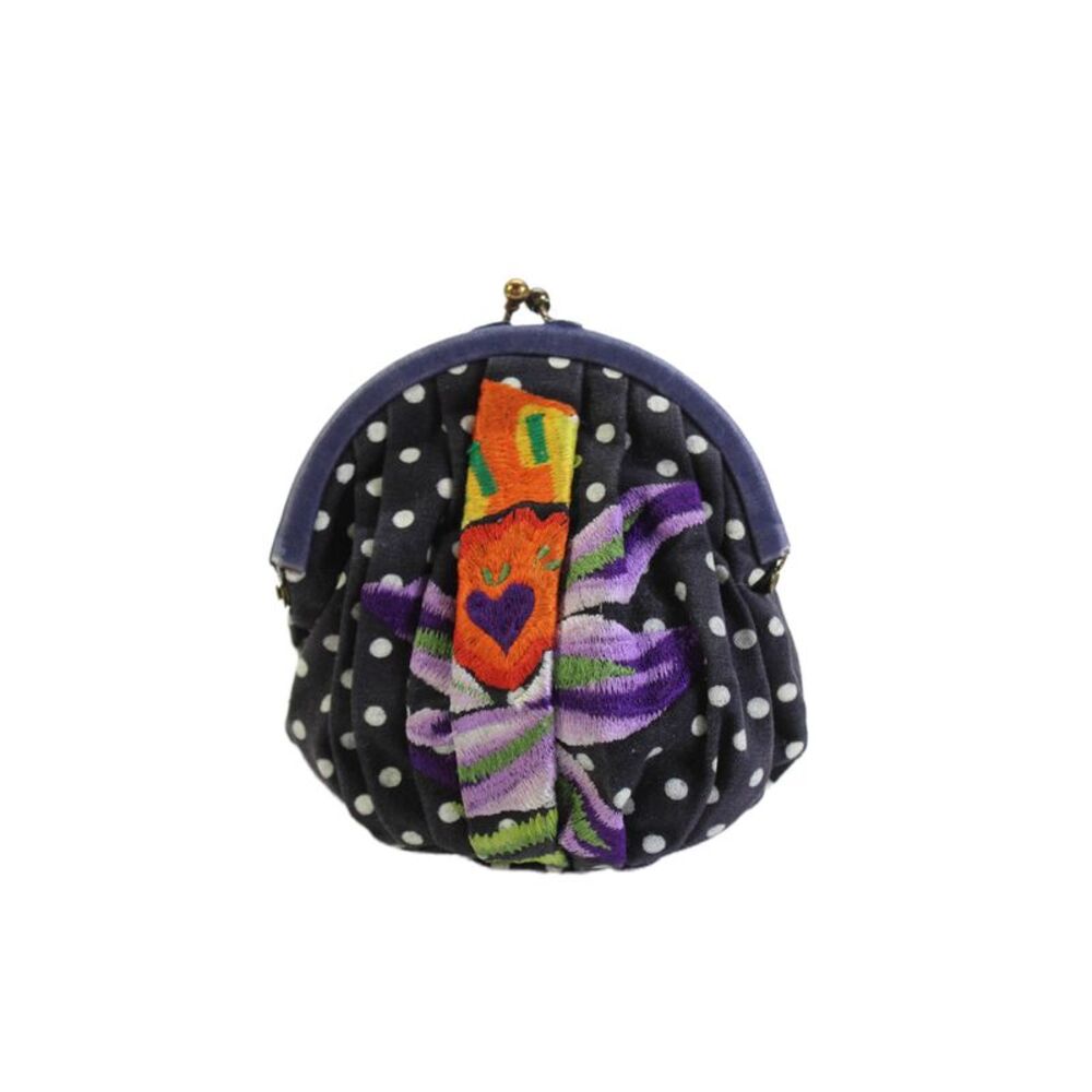 Jasper & Jeera Womens Framed Kiss Lock Polka Dor Embroidered Coin Pouch Navy